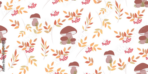 Seamless autumn pattern with autumn leaves and mushrooms. Perfect for printing on fabric decoration for kids room. © Zhanna