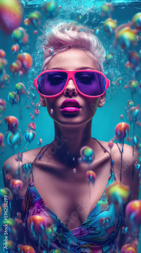 Portrait of a beautiful woman underwater  soaking wet woman wearing swimsuits and art deco sunglasses splashing around happily in ocean. Generative ai