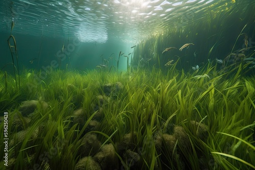 seagrass and aquatic plants in underwater shot, created with generative ai photo