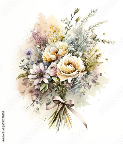 Watercolour painting of a beautiful flower bouquet on a neautral background. Generative AI illustration. Greeting card