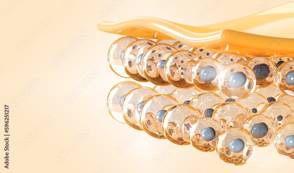 Structure of skin cell layers epidermis and dermis 3d render. Problem of aging, wrinkles, acne. Protein synthesis of hyaluronic acid, collagen and elastin decreases, cosmetic banner. 3D illustration Structure of skin cell layers epidermis and dermis 3d render. Problem of aging, wrinkles, acne. Protein synthesis of hyaluronic acid, collagen and elastin decreases, cosmetic banner. 3D illustration