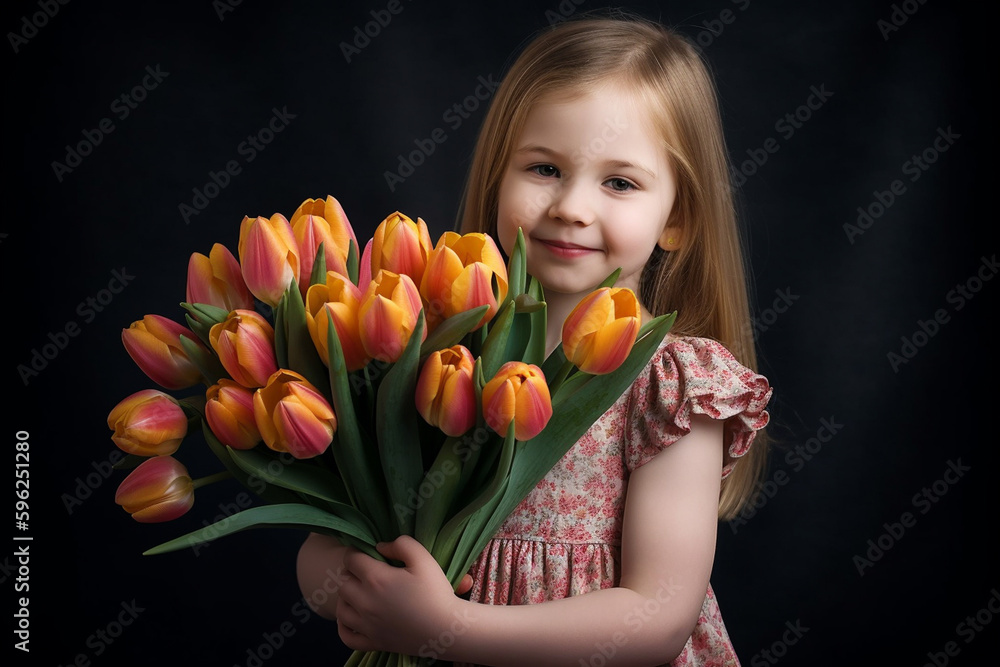 Little girl holding a bunch of tulips. Mothers day concept. Generative ai. Little girl holding a bunch of tulips. Mothers day concept. Generative ai.