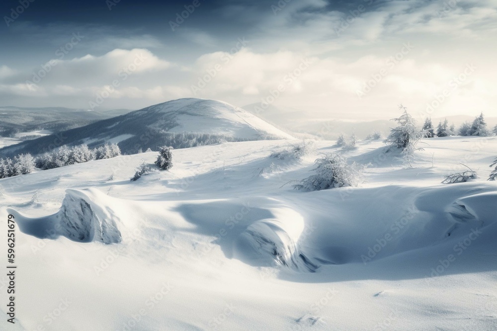 Wintry isolated snow hills scenery with snowdrifts in the foreground. Generative AI