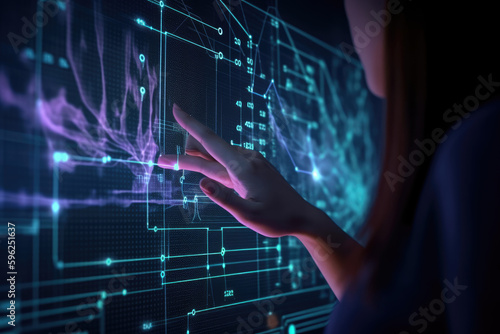 Big data technology and data science with person touching data flowing on virtual screen. Business analytics, artificial intelligence, machine learning. Engineer or scientist analyzing stream of data