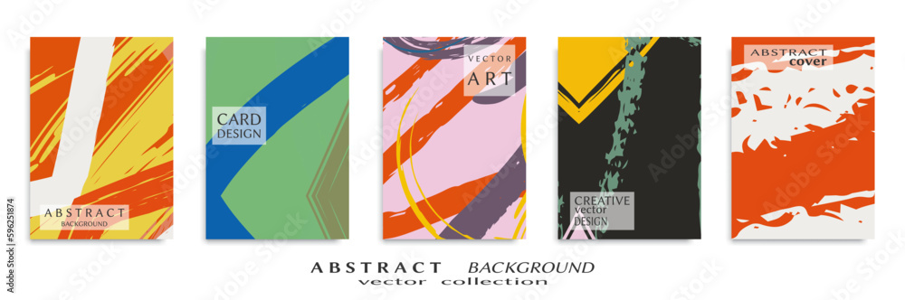 Abstract backgrouns set, grunge texture. Minimalistic art, brush strokes style. Design for card, brochure, banner idea, book cover, booklet print, flyer sheet a4. Collage page, web header template.