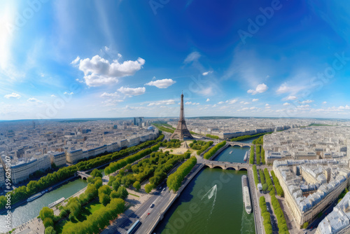 Paris aerial panorama with river Seine and Eiffel tower, France. Romantic summer holidays vacation destination. Panoramic view above historical Parisian buildings and landmarks with blue sky and sun