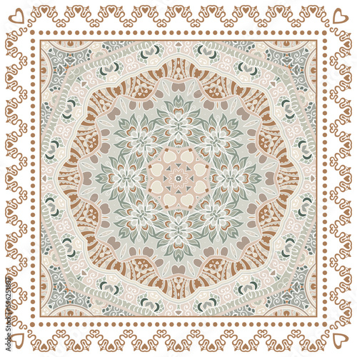 Decorative doodle ornament, symmetric pattern with lace frame. Tribal ethnic mandala decor. Bandana shawl, hijab, tablecloth fabric print, silk neck scarf, kerchief design. Colorful vector background