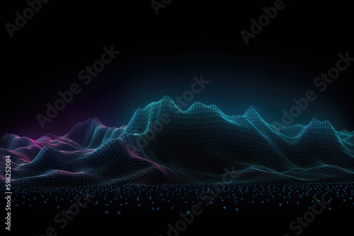 Technology background with connected dots on 3D wave landscape. Data science, particles, digital world, virtual reality, cyberspace, metaverse concept