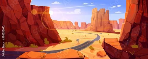 Grand canyon vector landscape illustration. Arizona national park desert with rock mountain and road traffic. Wild outdoor western gorge and unbelievable journey in US landmark with arid terrain