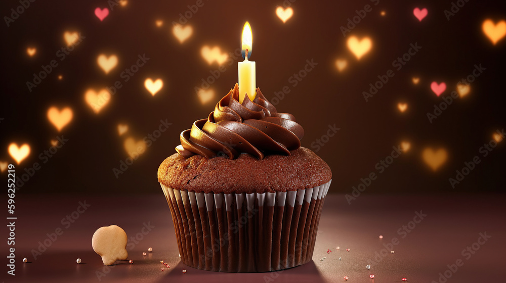 Chocolate Cupcake Wit a lit birthday candle on a hearts background. Generative AI Chocolate Cupcake Wit a lit birthday candle on a hearts background. Generative AI