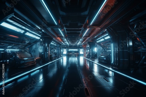Futuristic garage hangar with glowing blue laser tubes, dark metallic tunnel warehouse, and construction corridor. Generative AI © Elara