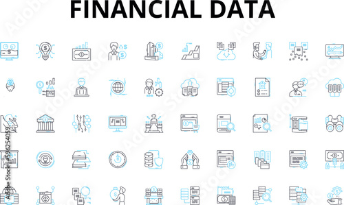 Financial data linear icons set. Investments, Stocks, Bonds, Income, Dividends, Trading, Forecasting vector symbols and line concept signs. Budgeting,Analysis,ROI (Return on Investment) illustration