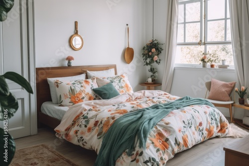 Serene Bedroom with Colorful Accents and Floral sheets, Generative AI