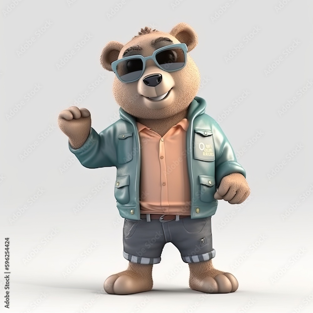 Joyful, stylish 3D bear character with full body, donning apparel and shades, against a backdrop. Generative AI Joyful, stylish 3D bear character with full body, donning apparel and shades, against a backdrop. Generative AI