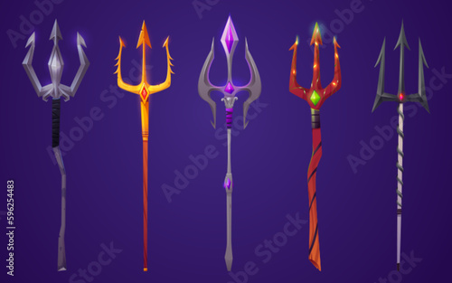 Magic trident weapon cartoon isolated vector icon set. Fantasy demon or devil spear with arrow. Atlantis mythology mermaid steel pitchfork with gem stone marine artifact asset for ui interface.