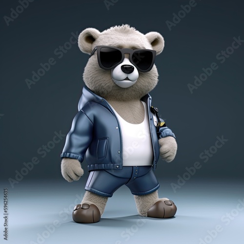 Joyful, stylish 3D bear character with full body, donning apparel and shades, against a backdrop. Generative AI © Gelpi