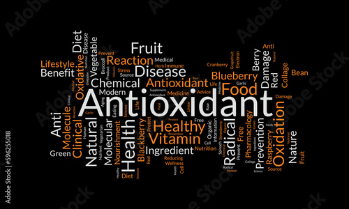 Word cloud background concept for Antioxidant. Healthy food, natural fruit for wellness. vector illustration.