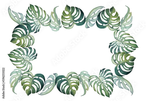 Hand drawn watercolor exotic monstera leaves and hibiscus flowers. Circle wreath frame. Isolated on white background. Design wall art  wedding  print  fabric  cover  card  tourism  travel booklet.