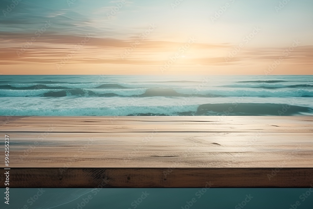 Wooden Table at the Beach Product Background: Light Teal and Beige in Ethereal Seascapes - Generative AI