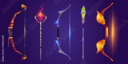 Magic bow and spear weapon icon for fantasy game illustration. Magical knight lance with arrow cartoon isolated concept set. Medieval war equipment for hunting or battle interface clipart for rpg shop