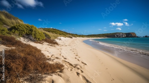 Bright blue skies and soft sandy beaches, footprint. AI generated