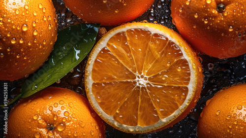 Oranges with drops of water on a dark background. Top view.