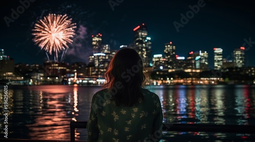 Enjoying city fireworks to celebrate. AI generated