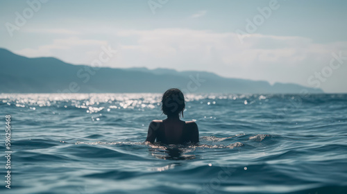 black girl swims in the sea back view generative ai