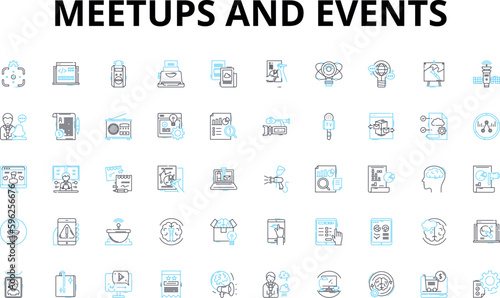 Meetups and events linear icons set. Nerking, Workshop, Conference, Gathering, Speaker, Exhibition, Seminar vector symbols and line concept signs. Symposium,Panel,Hackathon illustration