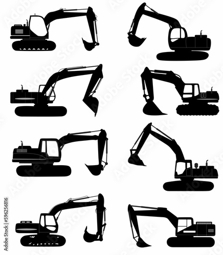 Backhoe excavator Logo element vector silhouette set. Vector silhouette of heavy equipment excavator