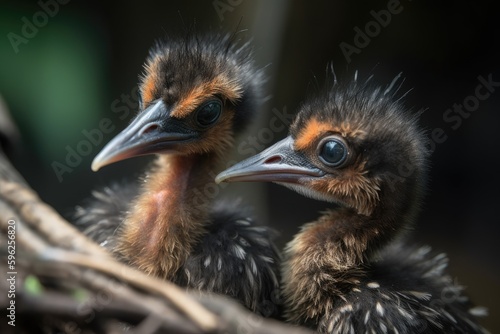 Tela close-up of newborn birds, with their beak and feathers in perfect detail, creat