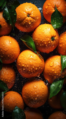 Oranges with drops of water on a dark background. Top view.