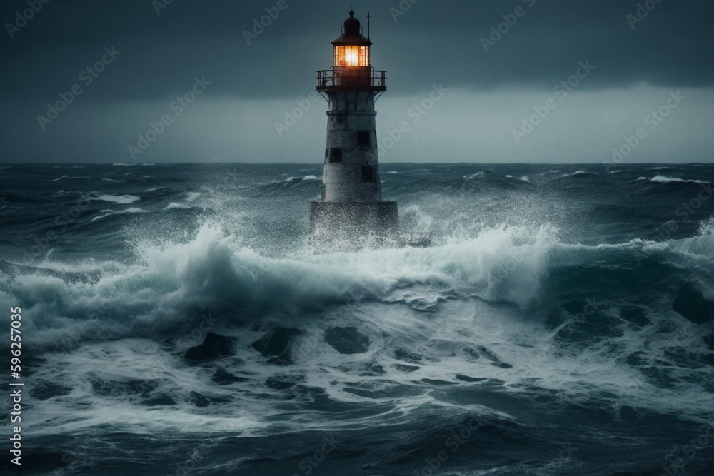 Lighthouse in a storm with a stormy sky in the background Generative ai