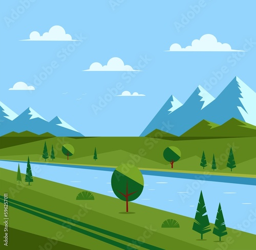 landscape with mountains and river trees