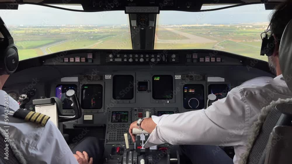 Jet cabin inside view during a real landing at the runway after a bumpy
