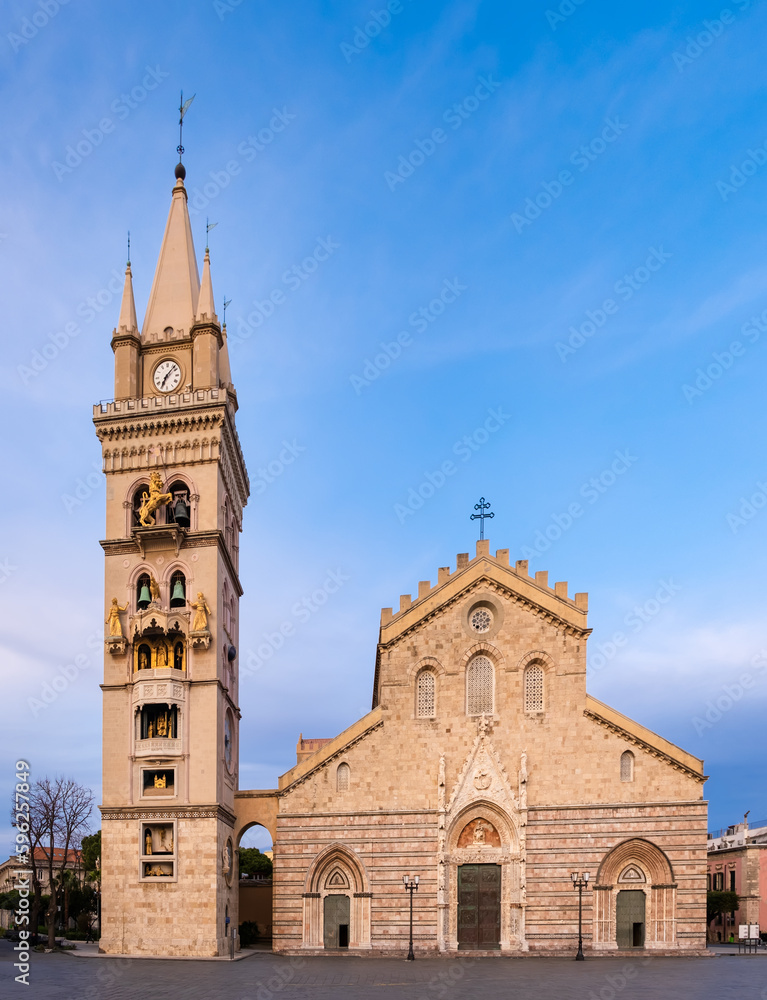 Messina Cathedral or Duomo di Messina. Basilica located on Piazza Duomo Square in Sicily, Italy. Messina Bell tower is famous for biggest and most complex astronomical clock with gilded bronze statues