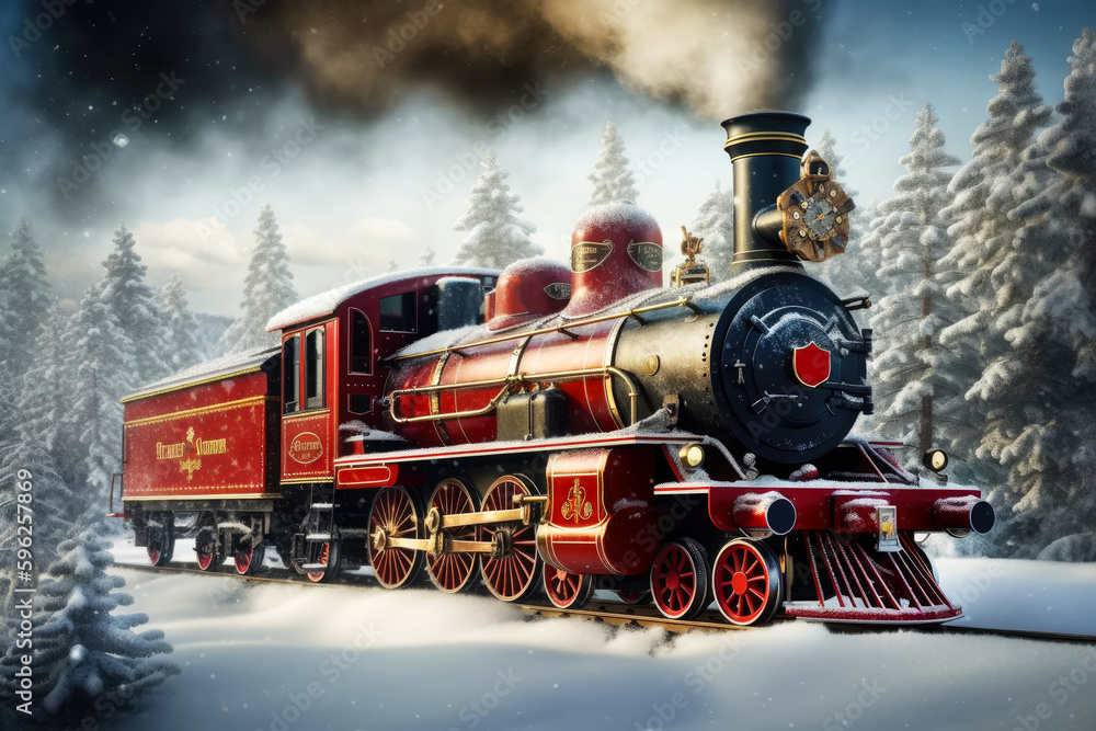 Obraz premium Old illuminated steam locomotive driving at night through a dreamlike snowy forest at christmas time, Generative AI