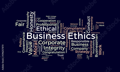 Word cloud background concept for Business Ethics. Corporate integrity, Company principle moral trust of responsibility value. vector illustration.