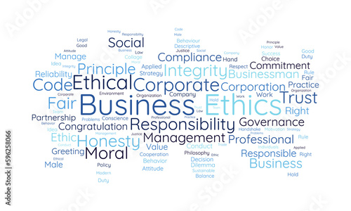 Word cloud background concept for Business Ethics. Corporate integrity, Company principle moral trust of responsibility value. vector illustration.