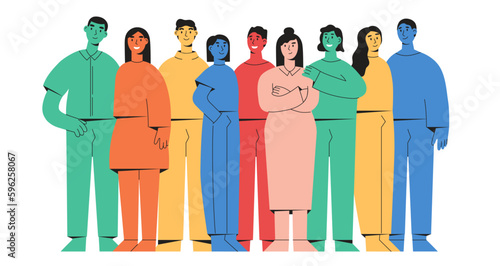 Abstract people community, coworkers or friends are standing, hugging together. Set of colored flat vector illustration isolated on white background.