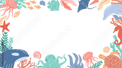 Background with sea inhabitants with place for text useful to use for invitations, promotion, sales. Frame with shells, corals, jellyfish, octopus and other marine animals.