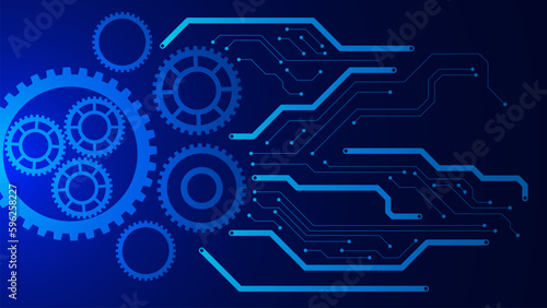 Gears with electronic circuit board digital high technology concept. Cyber security, mechanical engineering background design.