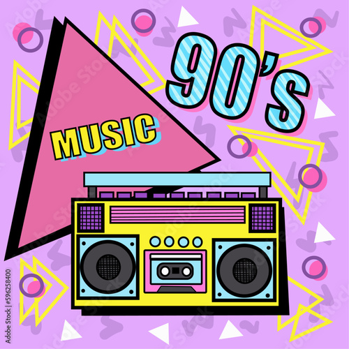 90s-style poster vector art. Poster design with the sign  90s music .