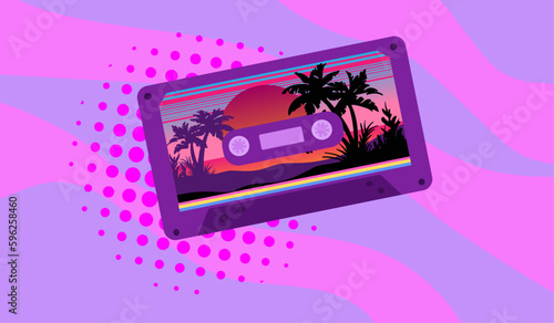 Audio cassette illustration. Stereo mixtape record music funky style retro fashioned vector illustration. 90s-style vector art.