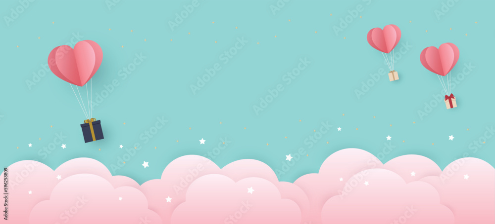 Hot air balloons made of heart-shaped origami fly in the sky carrying gifts. Blue-green sky, pink clouds, twinkling stars. Paper cut design for love, valentine's day, mother's day, wedding background.