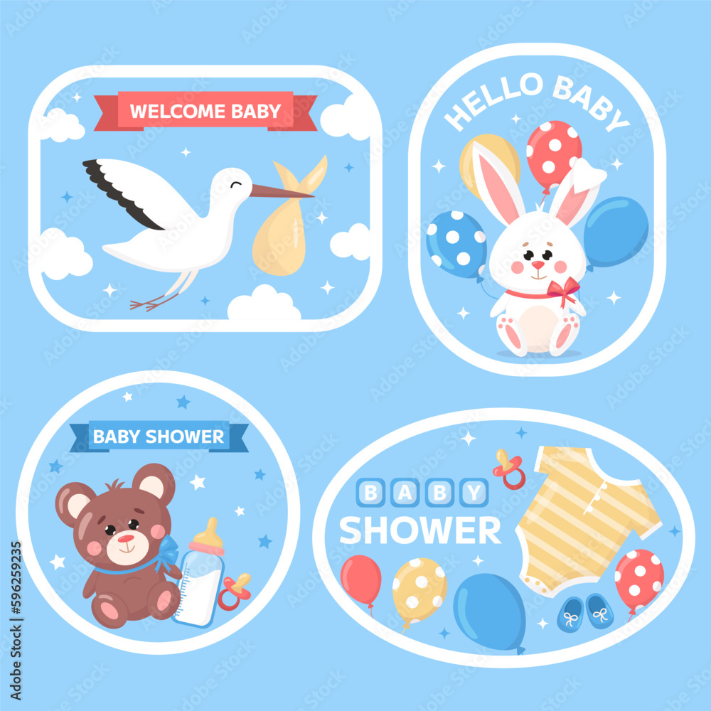 Vector baby shower stickers set. Cartoon childish toy bear, bunny, kids booties, pacifier, bottle labels on blue background. Badges for event. Vector baby shower stickers set. Cartoon childish toy bear, bunny, kids booties, pacifier, bottle labels on blue background. Badges for event.