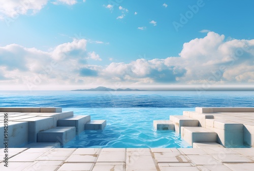 Water Background with White Concrete Block and Blue Sky - Generative AI