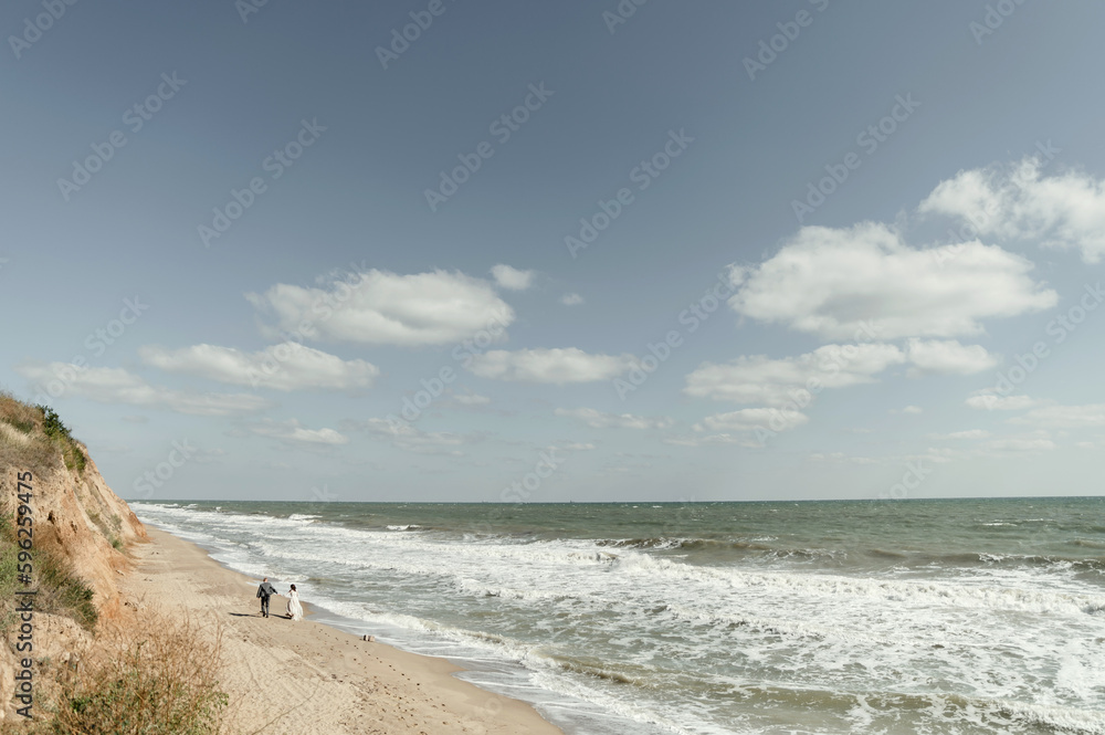 Aerial view of bride and groom couple walking on paradise white sand beach