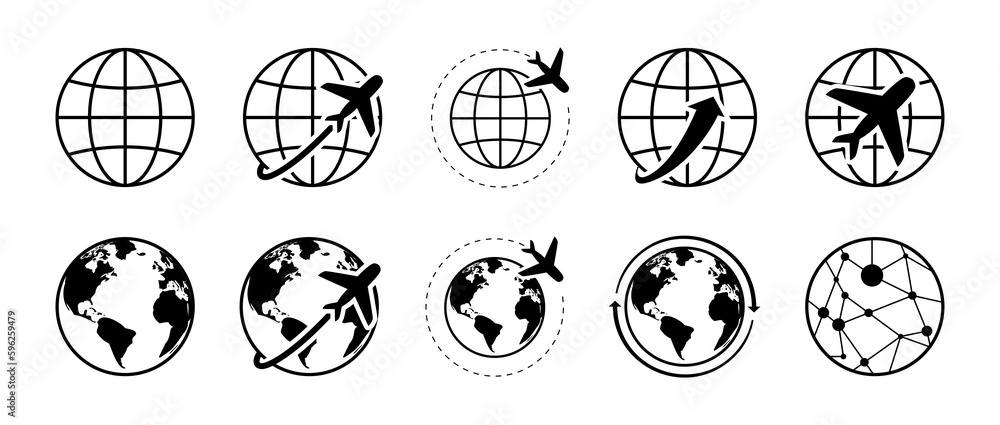 Globe and planet with airplane travel. Logistics, travel signs Globe and planet with airplane travel. Logistics, travel signs