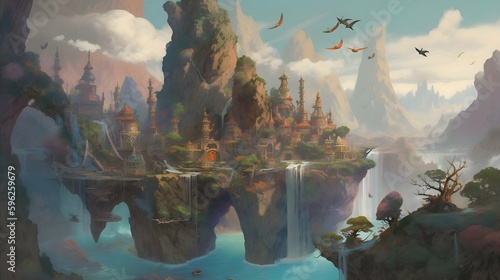 A fantastical world with flying creatures and towering castles